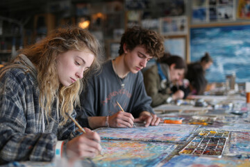 Fototapeta premium Focused young people actively engaging in painting, learning new skills during an art lesson