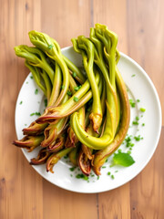 Fresh Vibrant Fiddleheads Displayed on White Plate with Green Garnish Ready for Culinary Photography