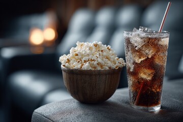 Popcorn bowl and cold drink refreshing viewer in a modern movie theater
