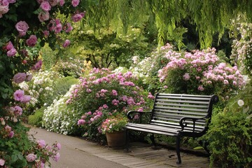 Wooden bench surrounded by blooming rose garden
