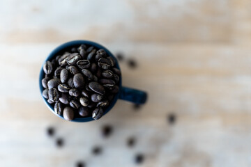 Close up view and top view of roasted coffee beans
