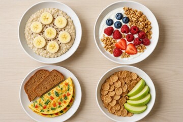 Four bowls show hearty breakfast spread with oatmeal, yogurt, omelette, and cereal