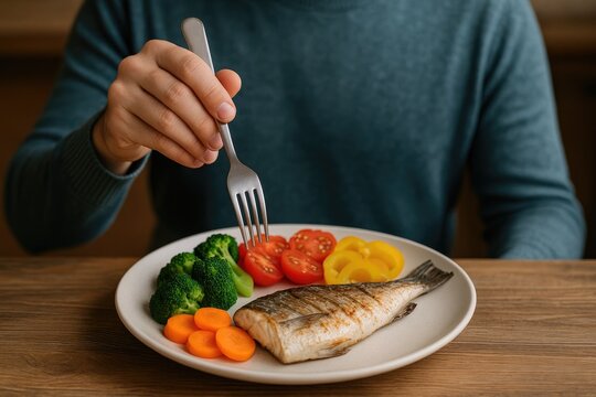Person in teal sweater sits at wooden table, eating plate of grilled fish with broccoli, tomatoes, carrots, and yellow peppers
