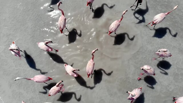 Aerial View of Pink Flamingos Grouping in White Water Top Down Drone Shot of Birds Forming Figure Wildlife Nature Reserve Animal Habitat Flock Migration and Elegant Plumage Movement