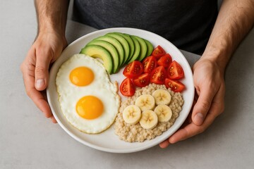 Adult male holds plate with sunny-side eggs, avocado, tomatoes, banana slices, and oats