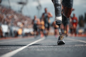 Amputee athlete running with a prosthetic leg, competing in a race on a track