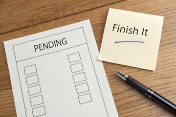 A pending checklist with a note to Finish It and a pen