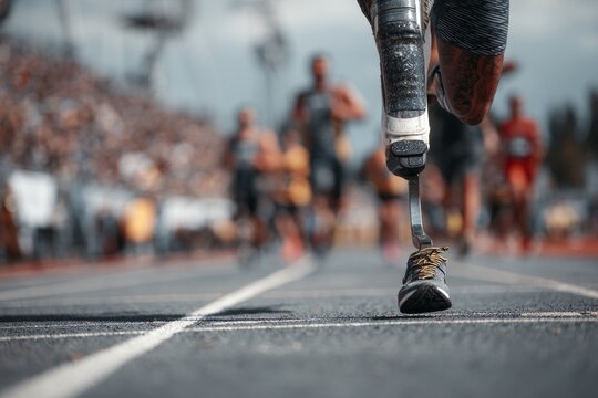 Amputee athlete running with a prosthetic leg, competing in a race on a track