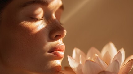 Serene close-up portrait of a woman with a lotus flower, soft natural light and peaceful ambiance