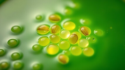 Glowing seeds suspended in vibrant green liquid, embodying natural healing and vitality.