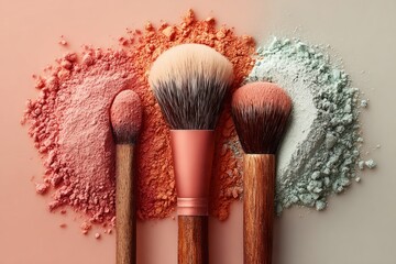 Makeup brushes displaying different cosmetic powder colors on a neutral background