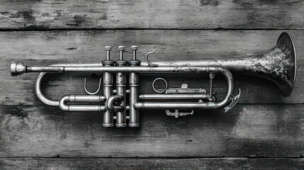 Fototapeta premium Top-down, high-angle view of tarnished trumpet on rough wooden surface, grayscale