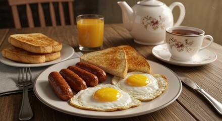Savor a delicious and hearty breakfast feast with perfectly fried eggs, savory sausages, golden toast, fresh orange juice, and a warm cup of tea, ideal for starting any day with energy and delight.