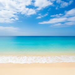 Fototapeta premium Serene tropical beach with turquoise water and white clouds on a sunny day