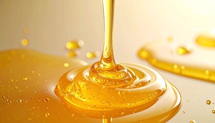 Golden honey pours, creating a swirling pattern on a surface