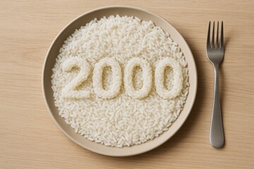 Plate of white rice on wooden table with number 2000 shaped from and fork beside