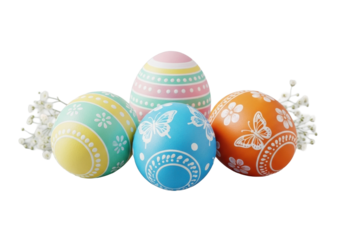 Three hand-decorated Easter eggs with intricate stripe, floral, butterfly patterns in pastel spring colors, accented by white blossoms on transparent, commercial Easter elegance concept