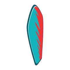 Surfboard design with a striking blue and red abstract pattern