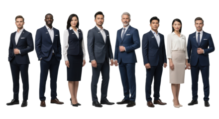 Diverse professionals (men, women, various ages, ethnicities) in high-end business attire, corporate pins, smiling, on seamless transparent. Corporate diversity concept.