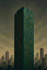 Futuristic Skyscraper with Circuit Board Architecture in Cyber City