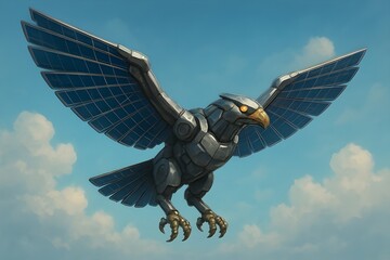 Futuristic Robotic Falcon with Solar Wings Flying in Sky