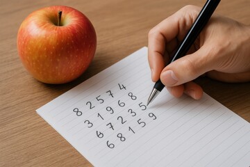 Adult hand writes numbers on lined paper beside red apple wooden desk