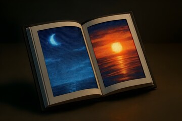 Futuristic Digital Book with LED Pages Displaying Day and Night