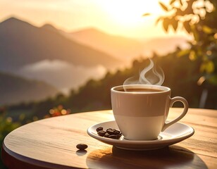 Steam rises from a coffee cup on a wooden table overlooking a sunlit mountain vista