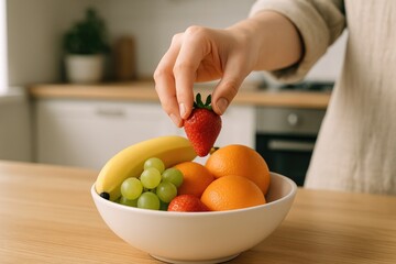 Person adds ripe strawberry to white bowl of mixed fruit on kitchen counter