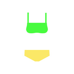 A simple neon green bikini top with yellow bottoms on a white background