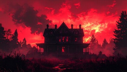 Creepy abandoned Victorian mansion silhouetted against a blood-red sky, with smoky shadows and room for text overlay