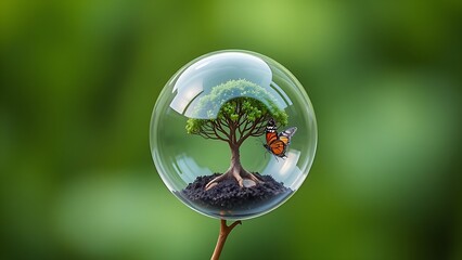 A glass orb containing a miniature tree and butterfly on a green background, representing ecological balance.