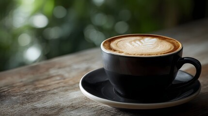 A black cup of coffee with delicate latte art rests on a rustic wooden table illuminated by soft natural light
