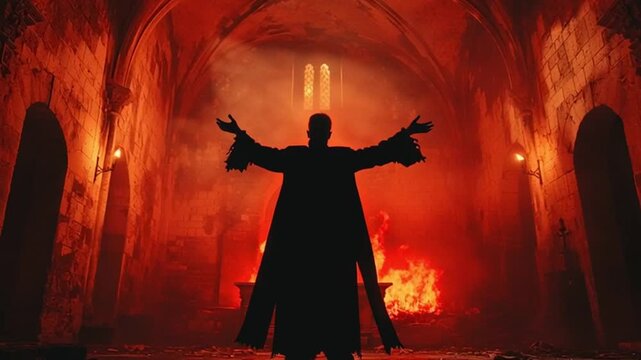 A dark figure in a long cloak stands with arms outstretched in a fiery, abandoned cathedral. The atmosphere is ominous and dramatic, with shadows and flames.