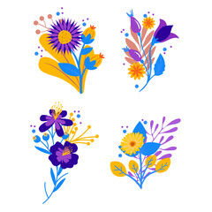 Vibrant floral arrangements in blue, yellow, and purple, showcasing delicate petals and botanical elements
