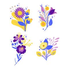 Vibrant floral arrangements in purple, blue, and yellow, stylized for graphic design