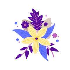 Floral illustration of a stylized yellow flower with purple leaves and small dots