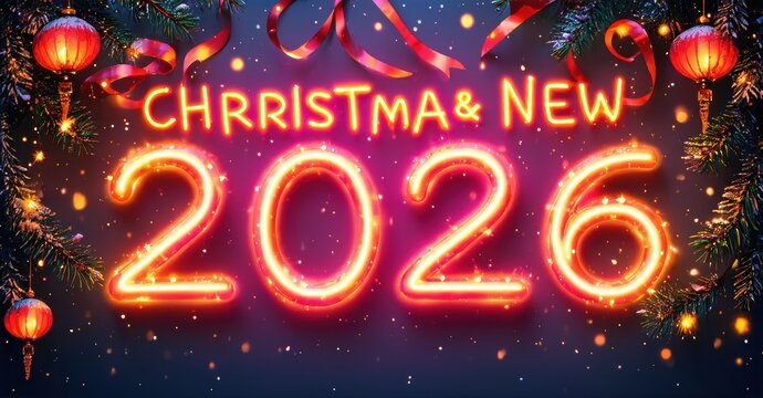 Festive image displays glowing numerals 2026 with Christmas, New Year decorations. Lanterns, ribbons, pine branches enhance celebratory mood.