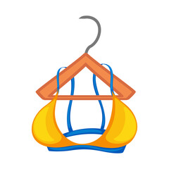 A yellow and blue bikini top hanging on a wooden hanger against a white background, studio shot