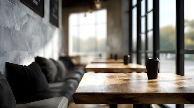 Modern cafe interior with wooden tables natural light and a coffee cup on a sunny day - Powered by Adobe