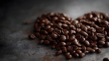 Richly roasted coffee beans artfully arranged in a heart shape on a dark textured surface symbolizing love and passion for the beloved beverage