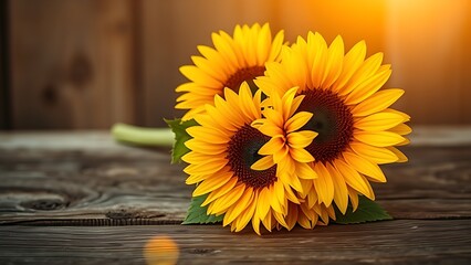 Sunflower bouquet bathed in golden morning light on a rustic wooden surface, radiating natural vibrancy.