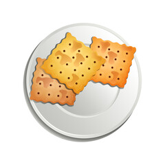 Three golden brown savory crackers artfully arranged on a pristine white plate, studio shot