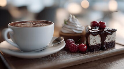 A delicate composition of latte coffee chocolate cake and mini tart served with berries on a wooden board evoking a cozy cafe atmosphere