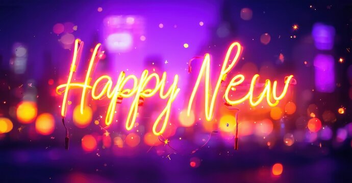 Bright neon text spells Happy New over blurred city lights. Festive, vibrant colors create celebratory mood. Warm glow dominates image.