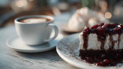 A slice of berry cheesecake and a cup of coffee served on a cozy wooden cafe table with bokeh lighting