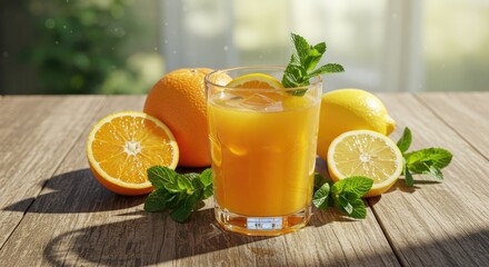 Refreshing citrus beverage with ice and mint garnishes, surrounded by fresh oranges and lemons on a rustic wooden table, bathed in warm sunlight, evoking summer refreshment and healthy living.