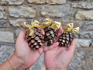 Hand holding decorated pine cones with golden bows for Christmas