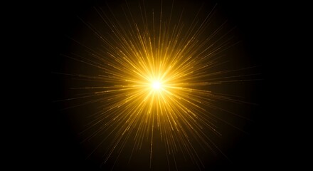 Bright yellow sunburst lens flare light effect isolated on black background.