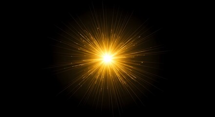 Abstract bright golden lens flare star light with rays on black background
